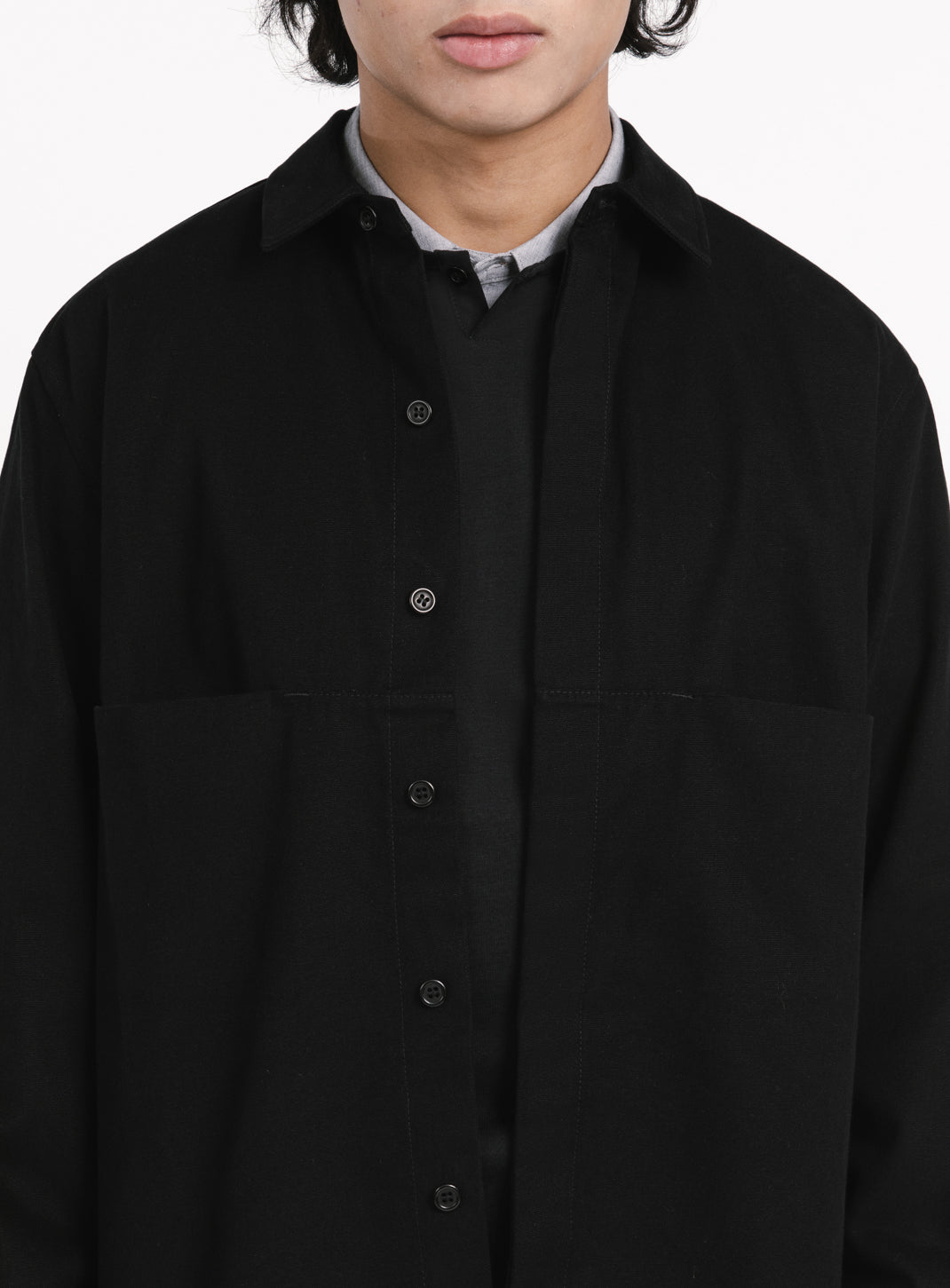 Overshirt with Front Cuts in Black Canvas