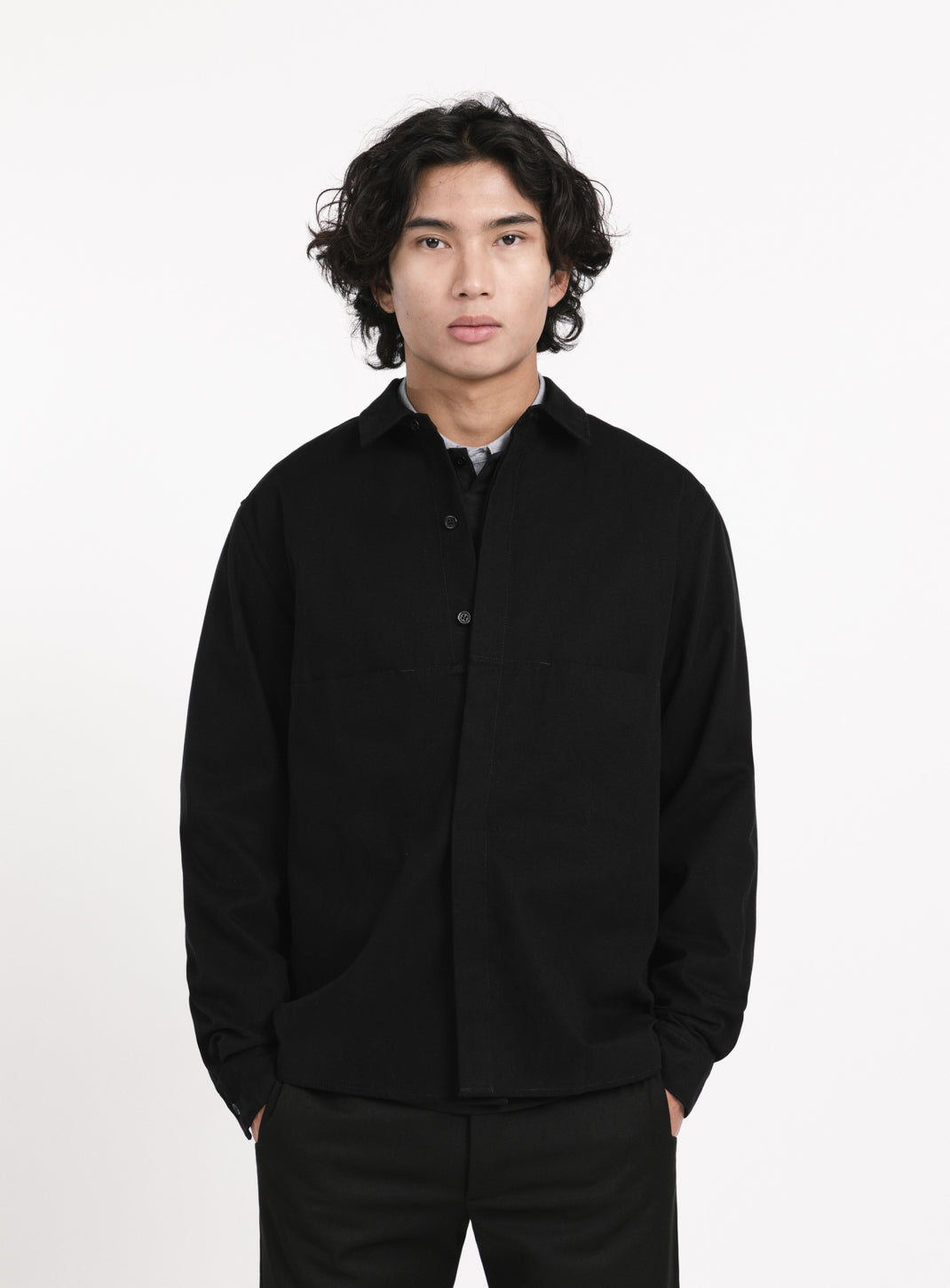 Overshirt with Front Cuts in Black Canvas
