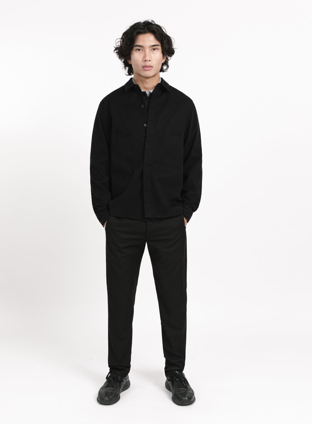Overshirt with Front Cuts in Black Canvas