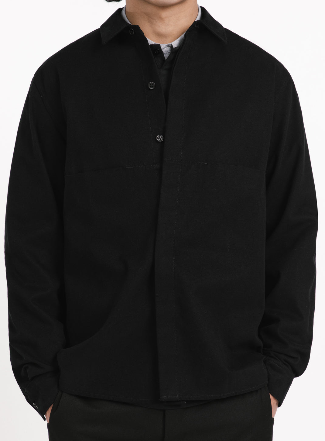 Overshirt with Front Cuts in Black Canvas