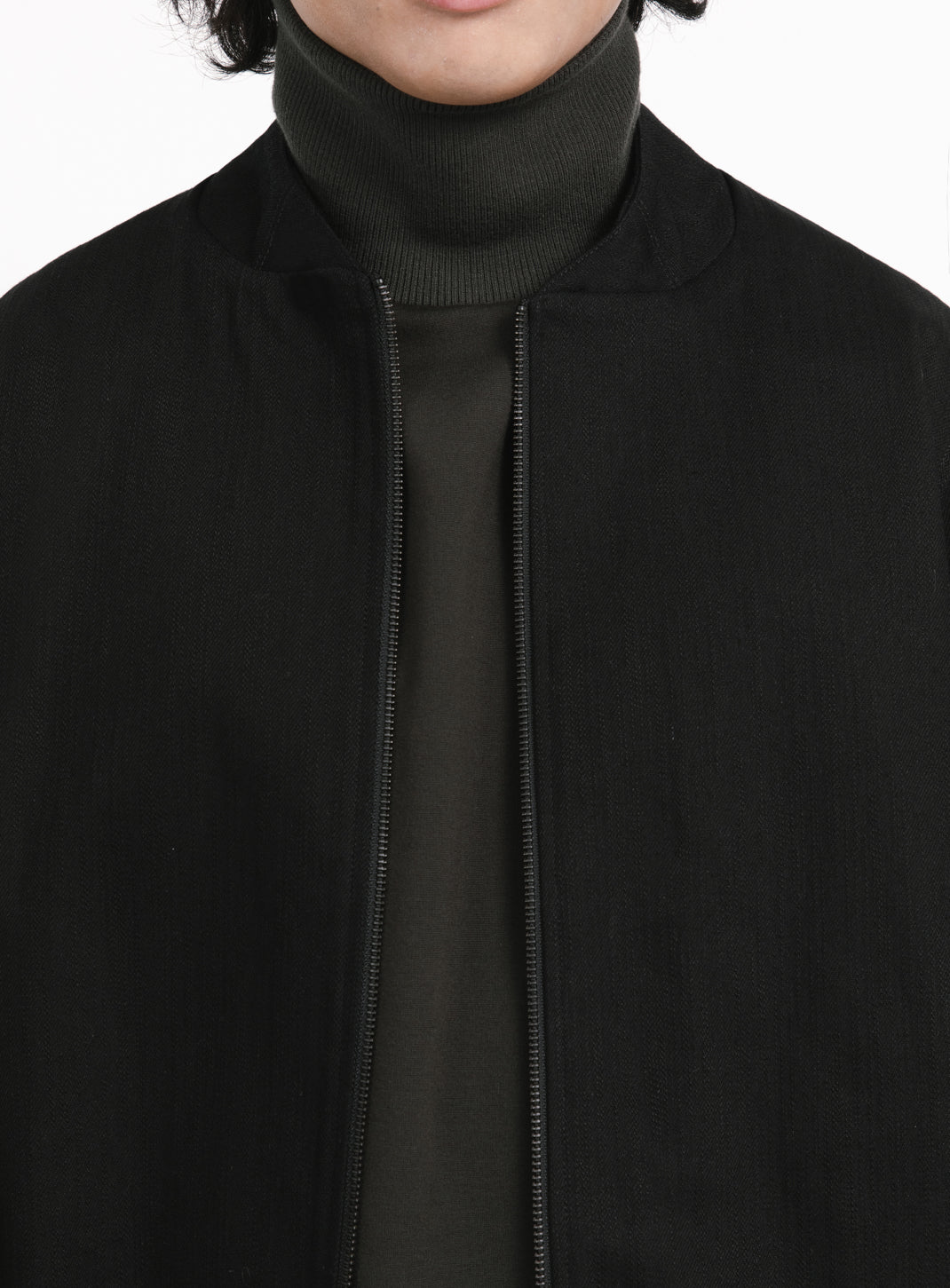 Murano Collar Bomber Jacket in Black Weaved Denim