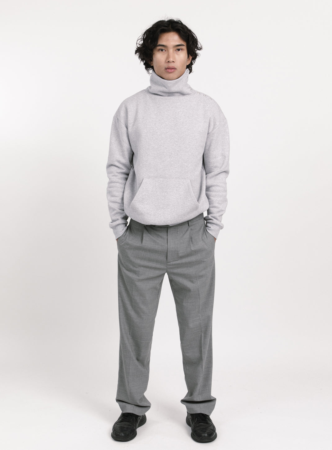 Pleated Pants with Looped Belt in Light Grey Serge