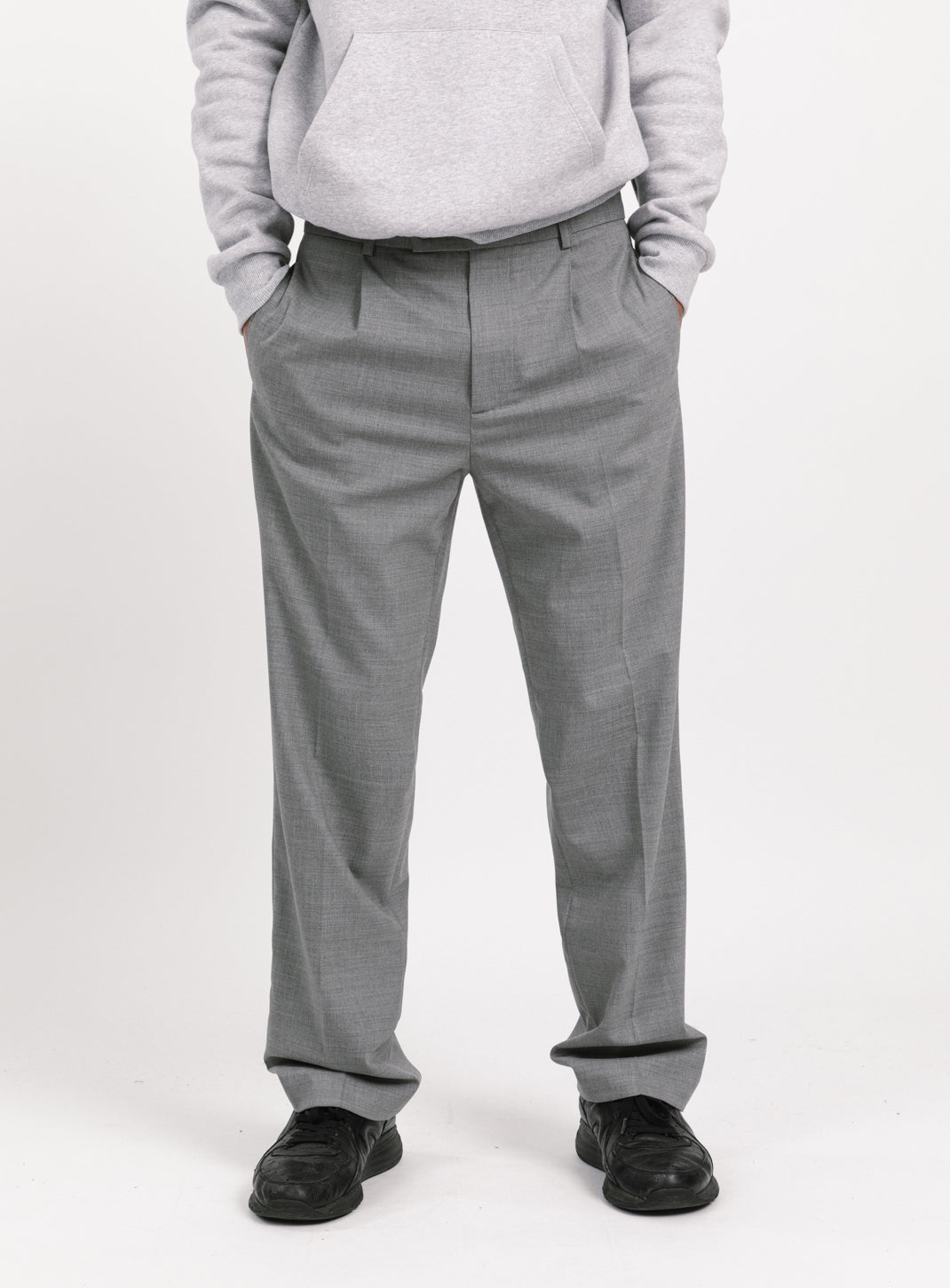 Pleated Pants with Looped Belt in Light Grey Serge
