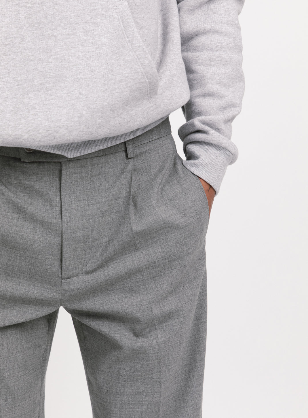 Pleated Pants with Looped Belt in Light Grey Serge