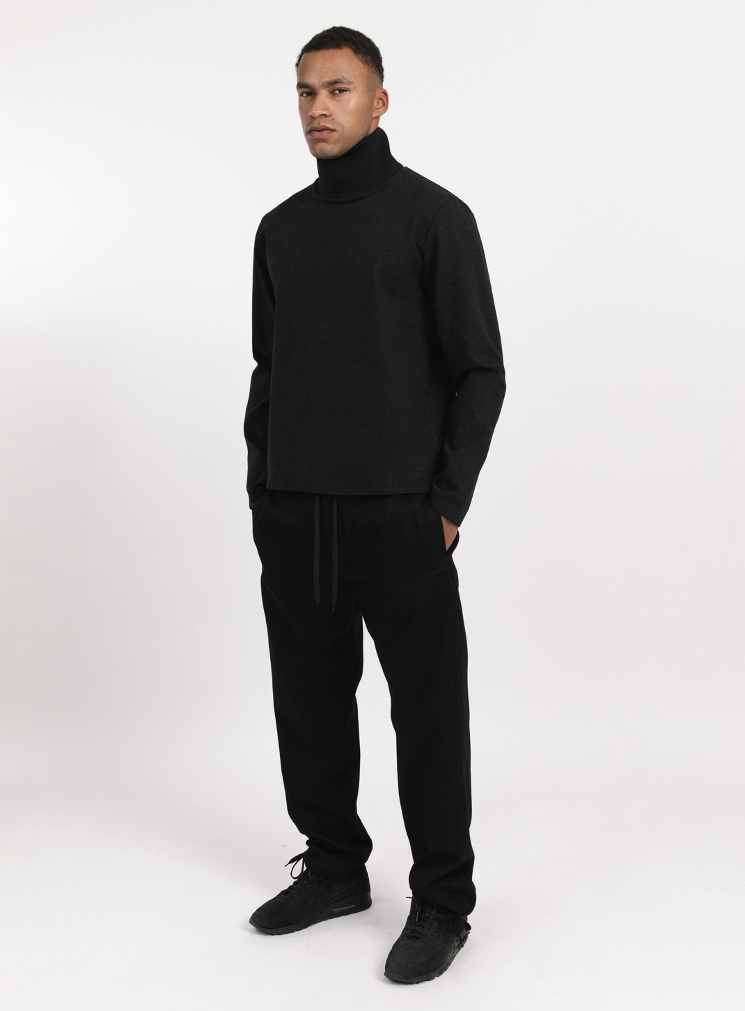 Ribbed High Neck Sweatshirt in Heather Dark Grey Technical Knit