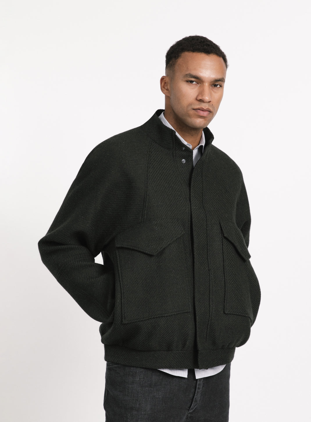 Bomber Jacket with Origami Collar in Dark Olive 100% Italian Wool