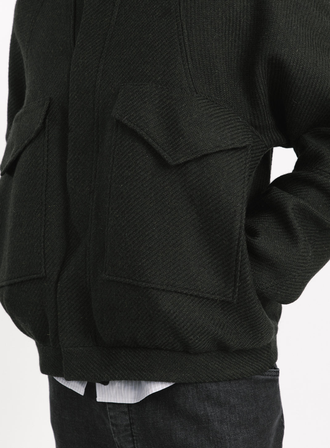 Bomber Jacket with Origami Collar in Dark Olive 100% Italian Wool