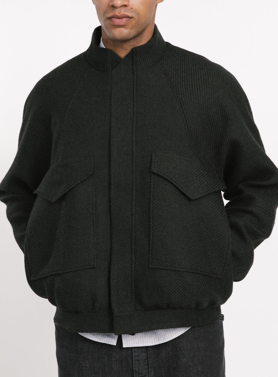 Bomber Jacket with Origami Collar in Dark Olive 100% Italian Wool