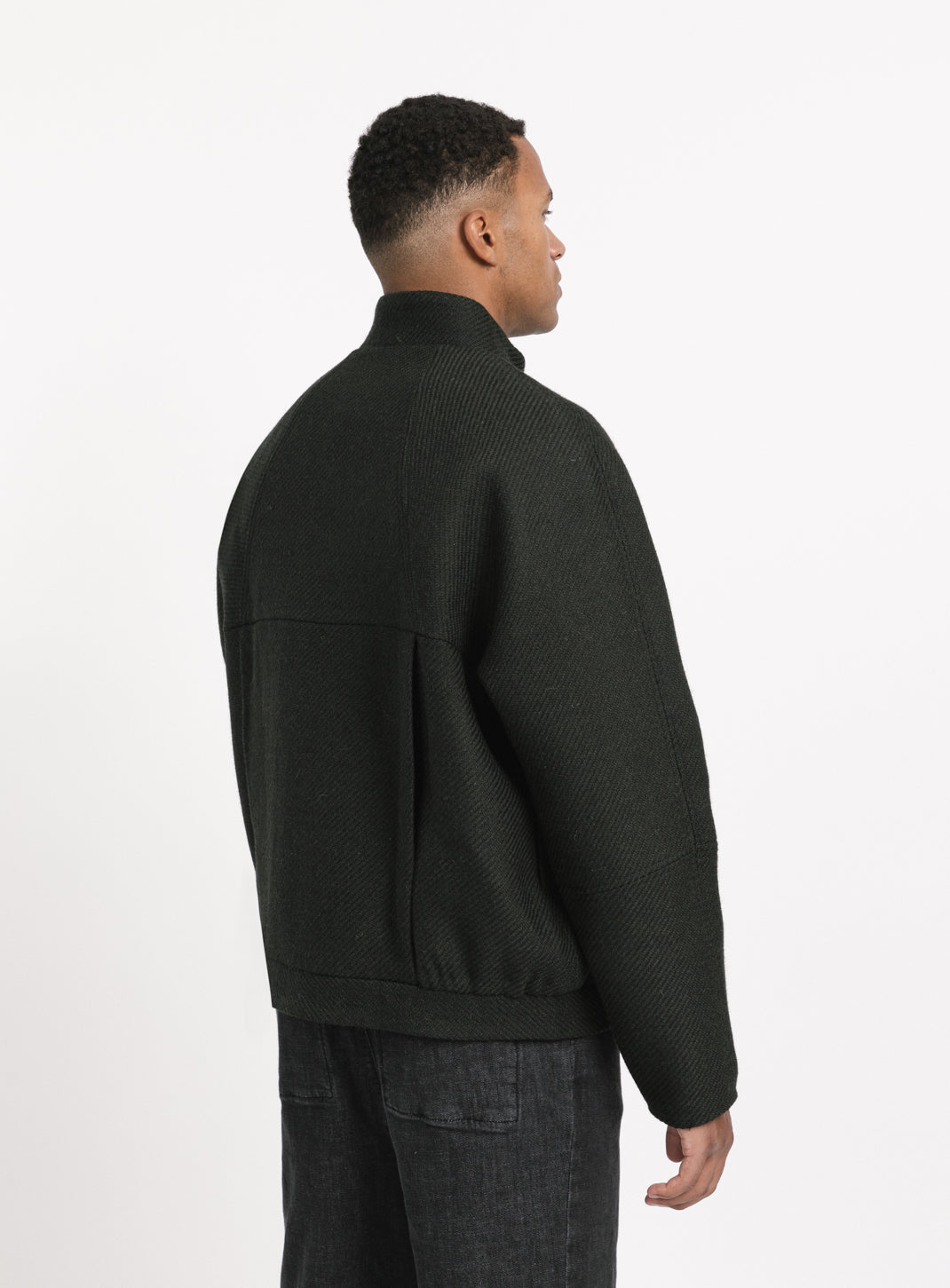 Bomber Jacket with Origami Collar in Dark Olive 100% Italian Wool