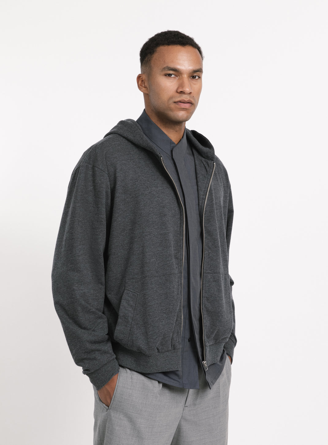 Hooded Cardigan with Notched Pockets in Heather Dark Grey Fleece