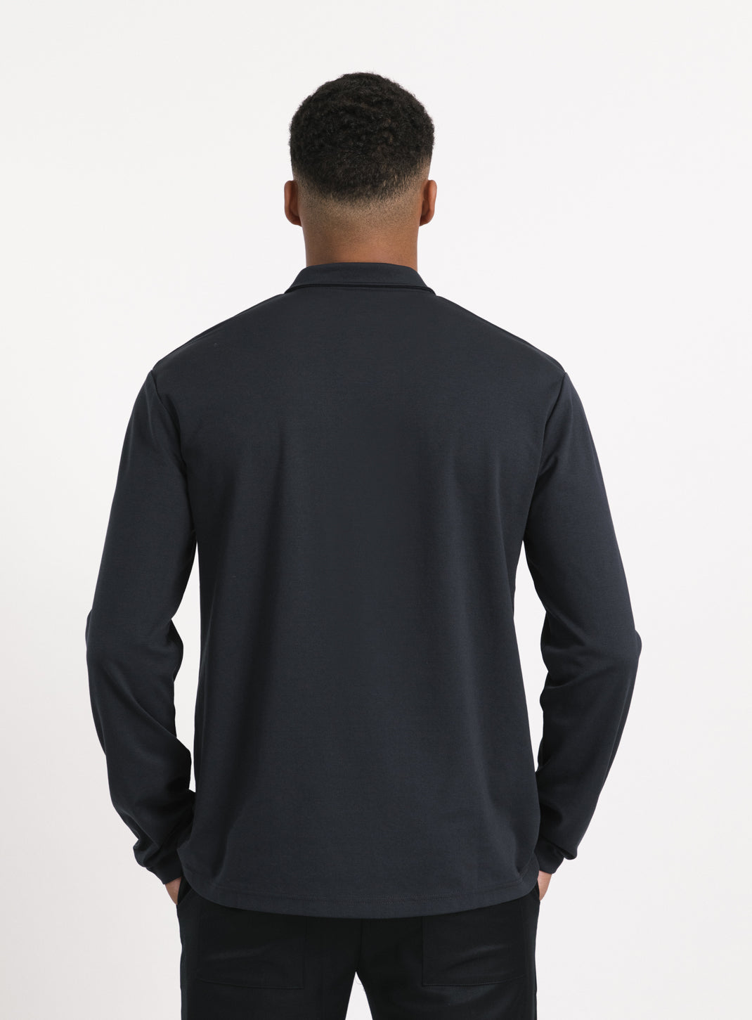 Long Sleeve Zipped Poloshirt in Navy Blue Technical Knit