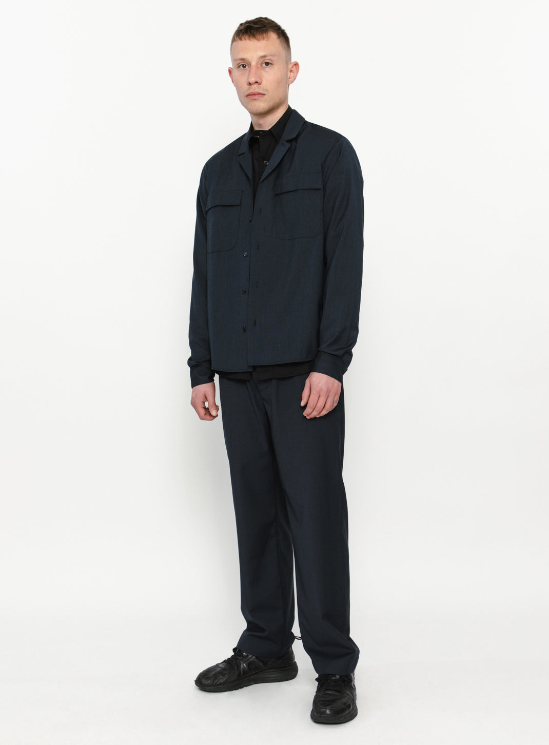 Overshirt with Tailored Collar in Navy Blue End-on-End