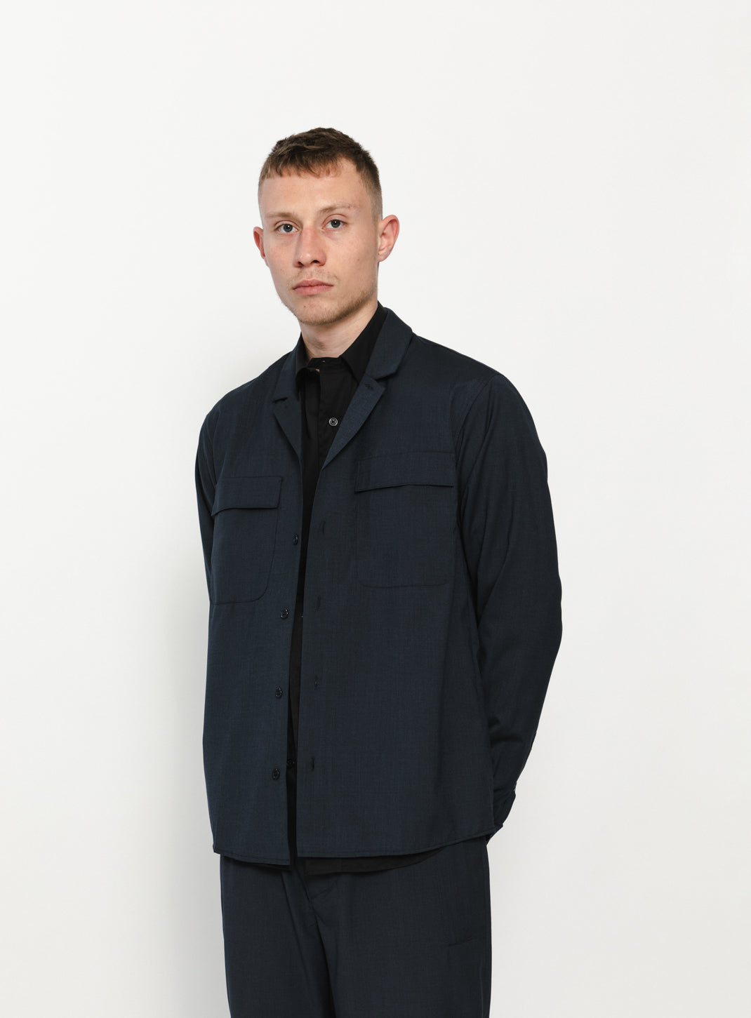 Overshirt with Tailored Collar in Navy Blue End-on-End