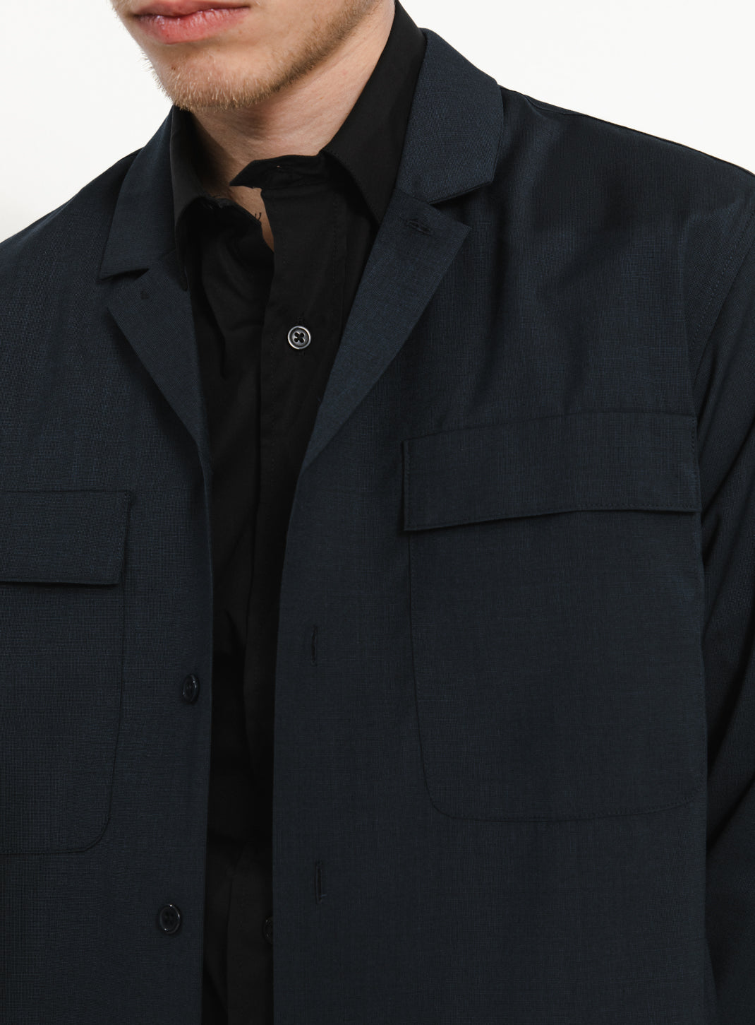 Overshirt with Tailored Collar in Navy Blue End-on-End