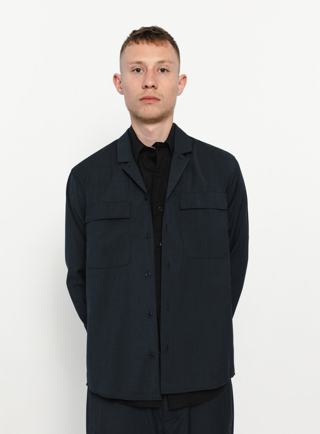 Overshirt with Tailored Collar in Navy Blue End-on-End