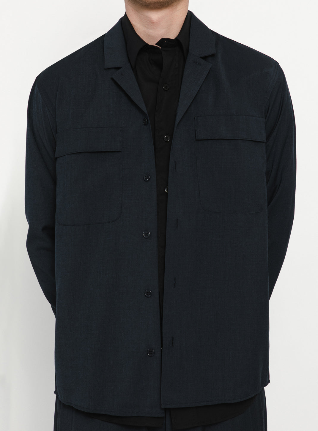 Overshirt with Tailored Collar in Navy Blue End-on-End