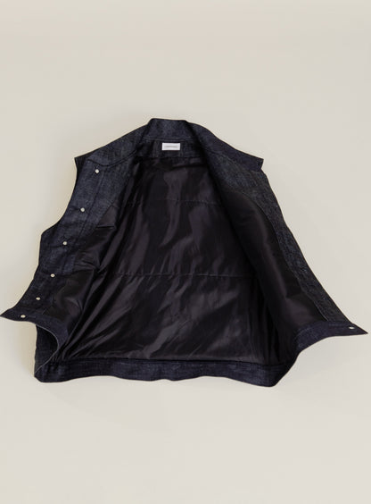 Veste Sans Manches à Faux Col Bord-Côte en Denim Bleu Brut