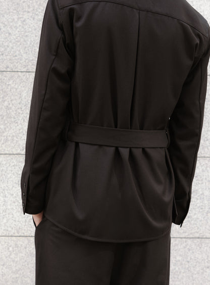 Veste-Blazer à Taille Ceinturée en Serge Noire