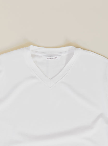 T-Shirt à Manches Courtes avec Col V en Coton & Elasthanne Blanc