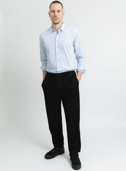 Pantalon Elastiqué avec Stoppeur en Serge Noir à Fines Rayures