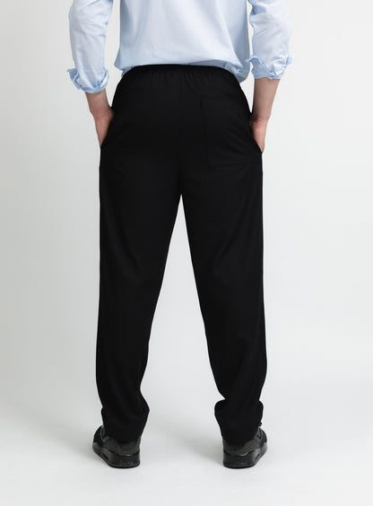 Pantalon Elastiqué avec Stoppeur en Serge Noir à Fines Rayures