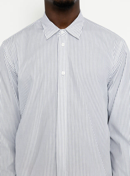 Chemise à Patte Polo en Popeline Blanche à Fines Rayures Beiges