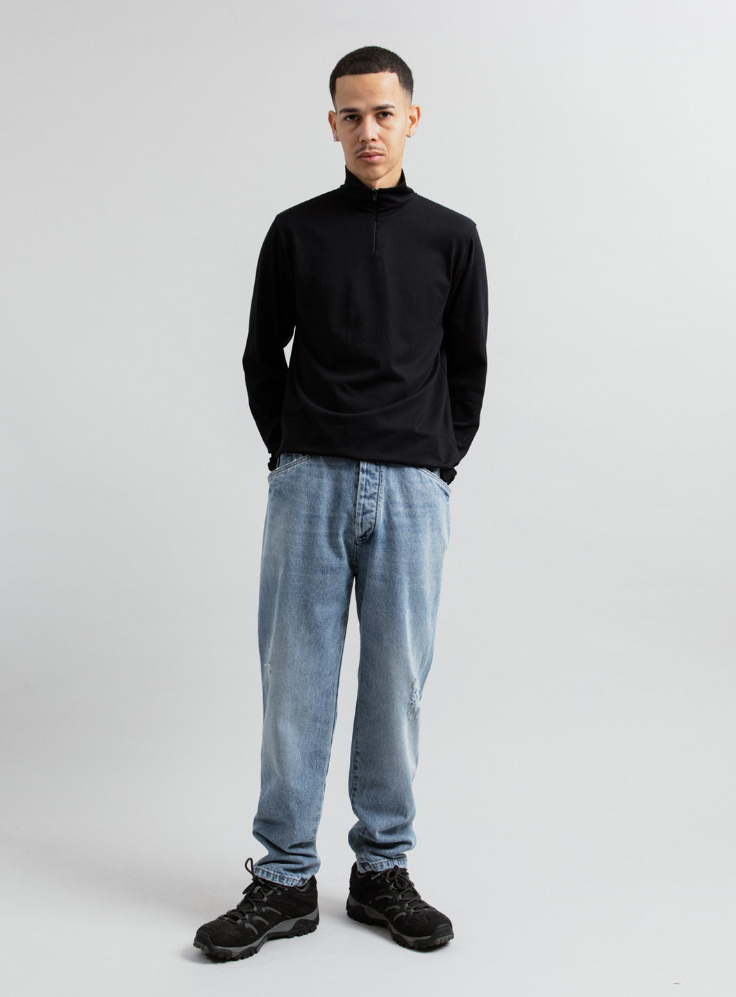 Pantalon 5 Poches à Taille Elastiquée en Denim Bleu Used