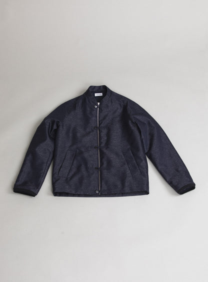 Blouson Tangzhuang en Fil à Fil Technique Bleu Marine