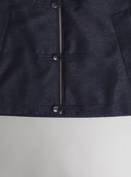 Blouson Tangzhuang en Fil à Fil Technique Bleu Marine
