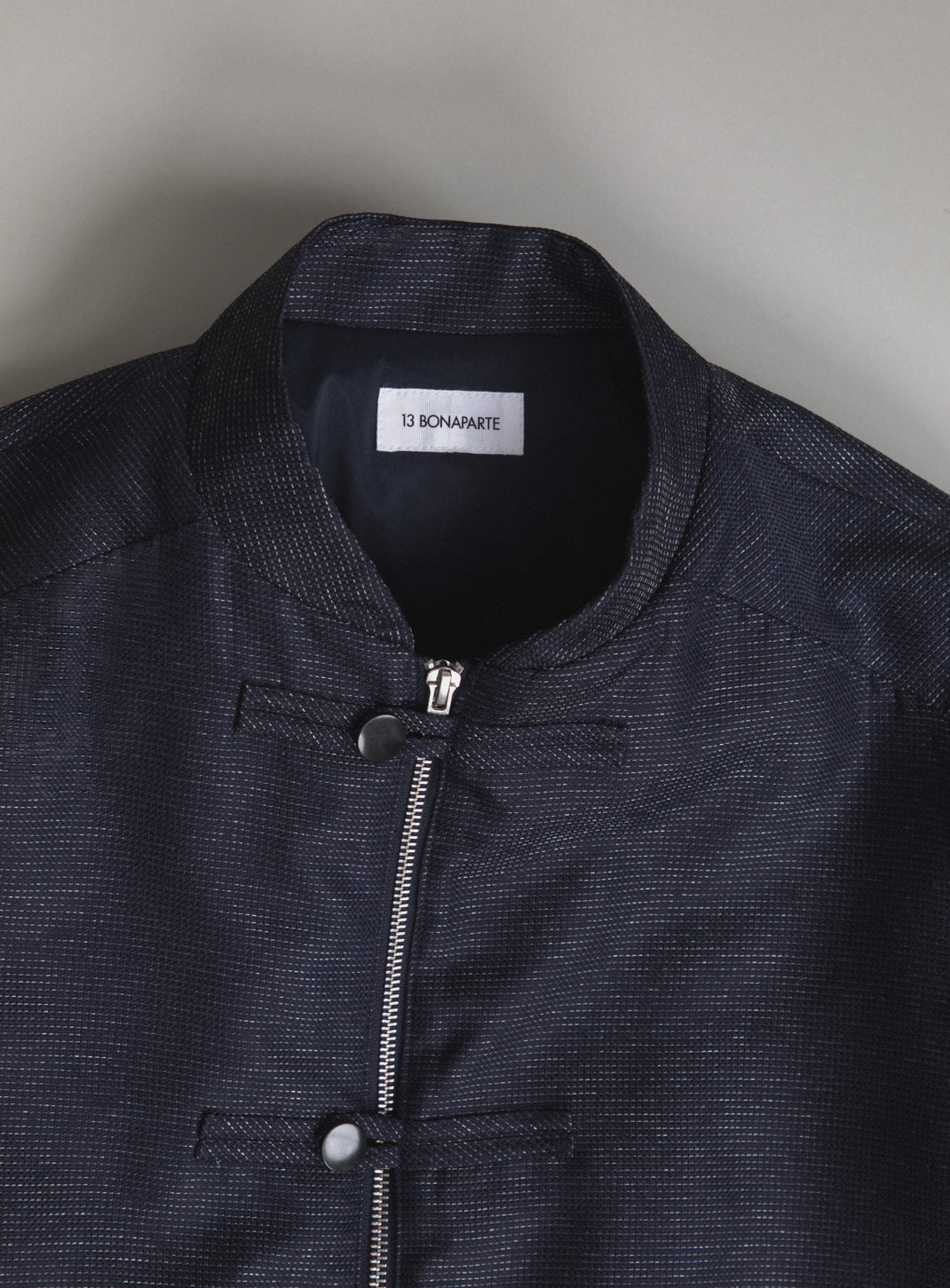 Blouson Tangzhuang en Fil à Fil Technique Bleu Marine