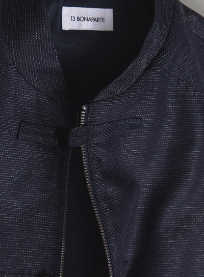 Blouson Tangzhuang en Fil à Fil Technique Bleu Marine