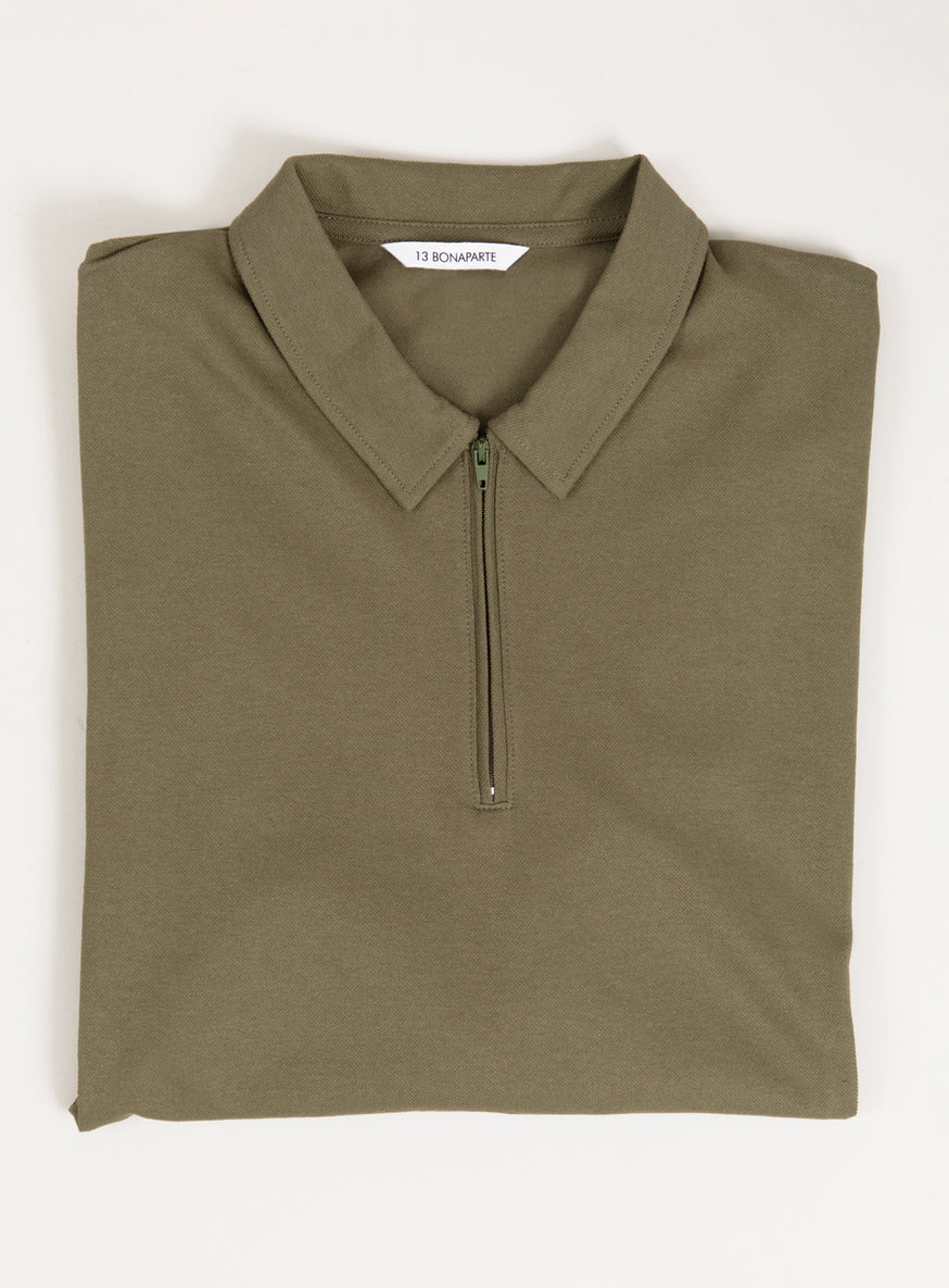 Polo Zippé en Piqué de Coton Olive