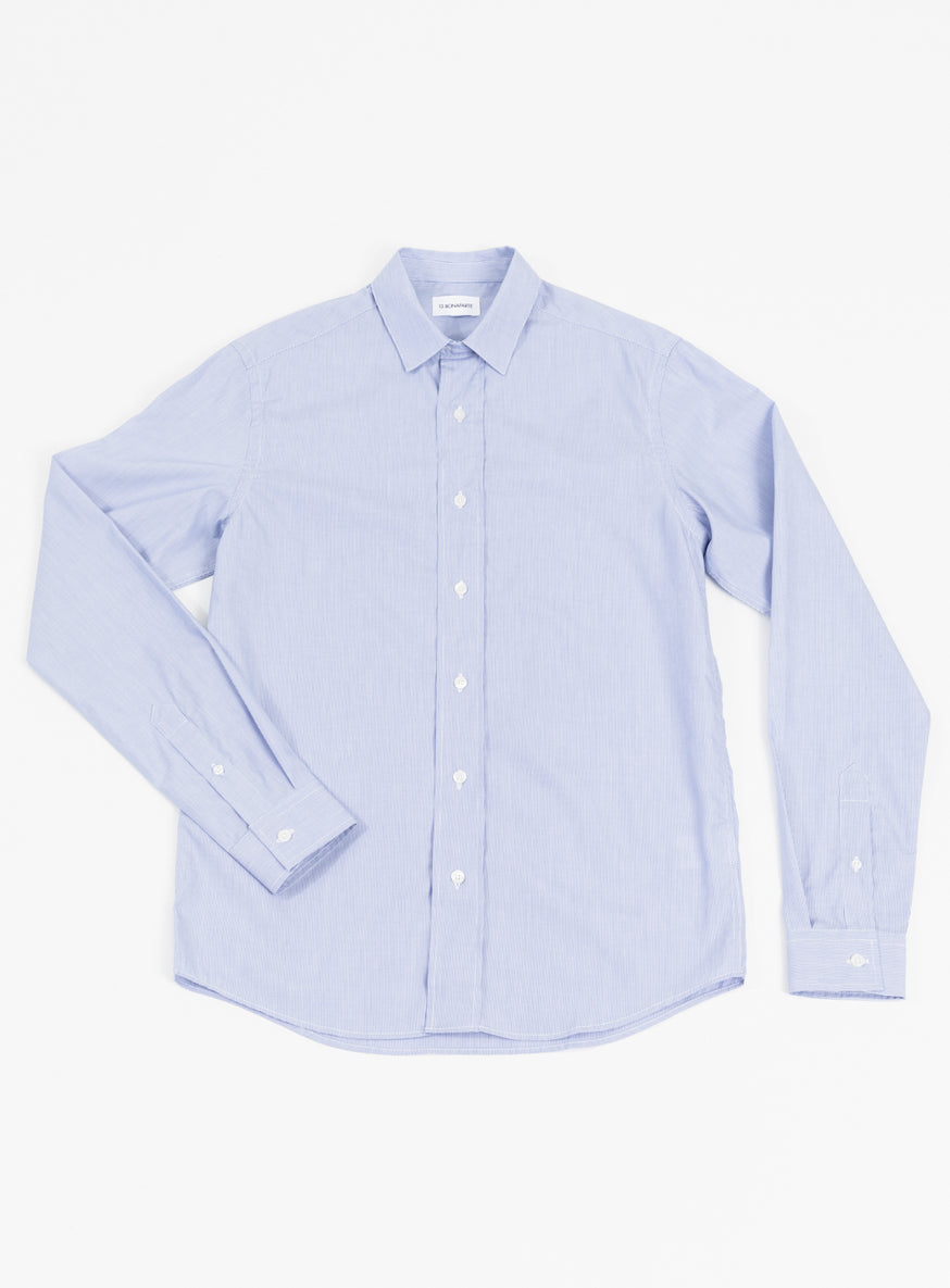 Chemise avec Attache au Col en Popeline Blanche à Fines Rayures Bleues