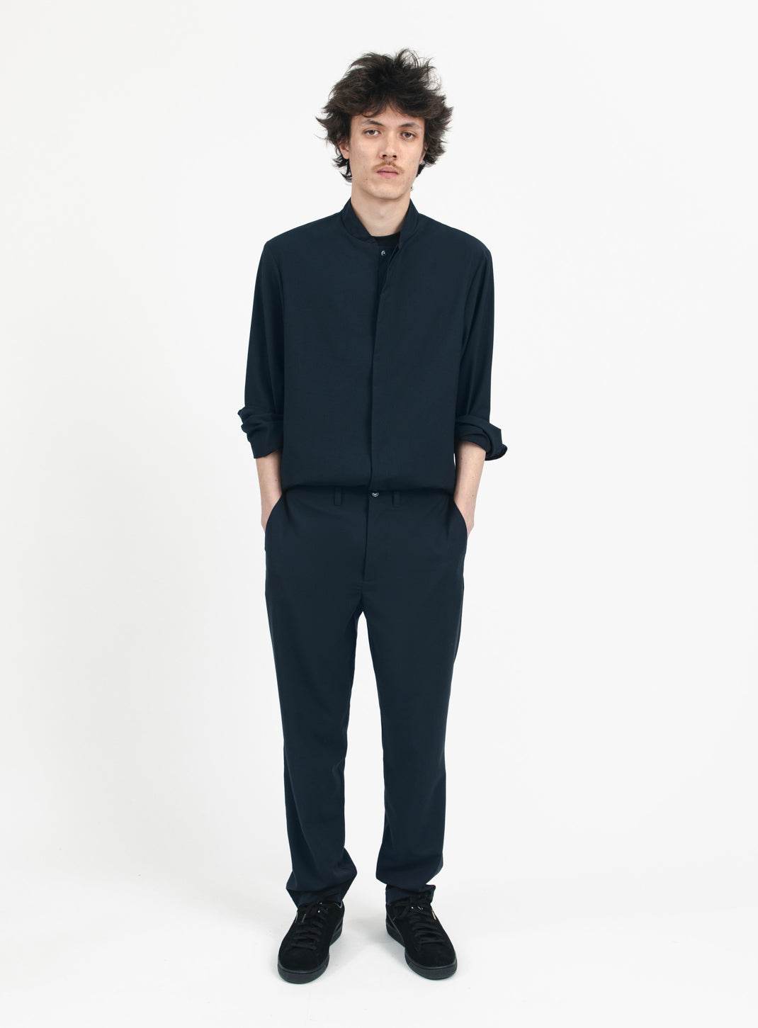 Pantalon à Ceinture Incrustée en Serge Bleu Marine