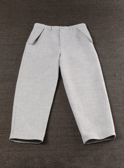 Pantalon à Poches Rabat en Laine Chevron Gris Clair