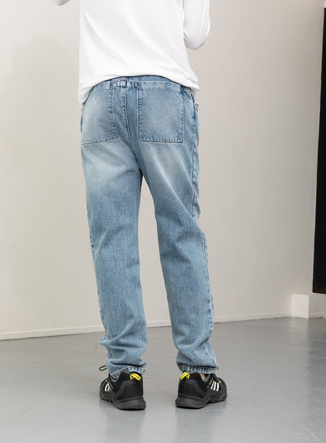 Pantalon 5 Poches à Taille Elastiquée en Denim Bleu Used