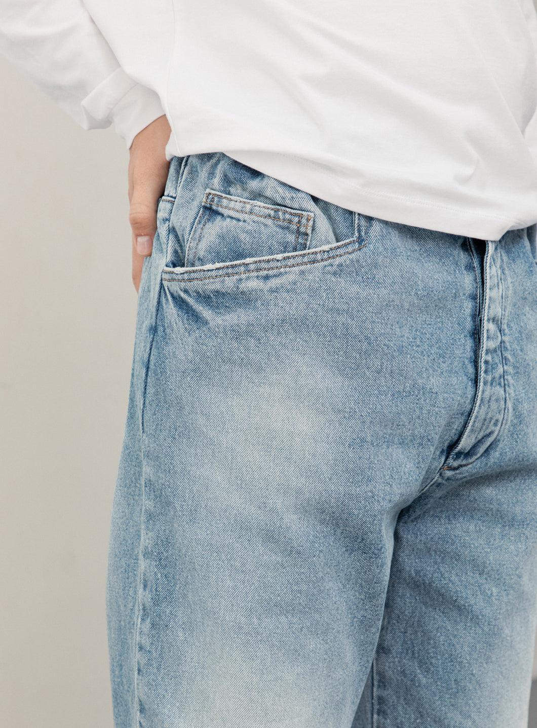 Pantalon 5 Poches à Taille Elastiquée en Denim Bleu Used