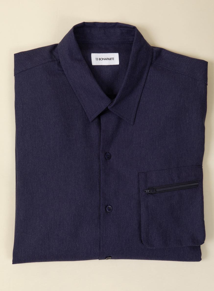 Chemise à Poche Soufflée en Coton Chiné Bleu Indigo