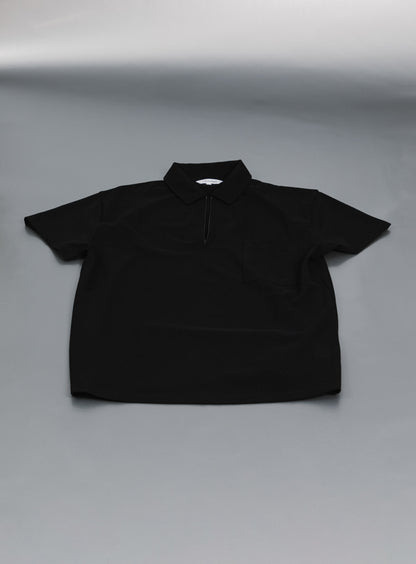 Polo Zippé à Manches Courtes en Piqué de Coton Mercerisé Noir