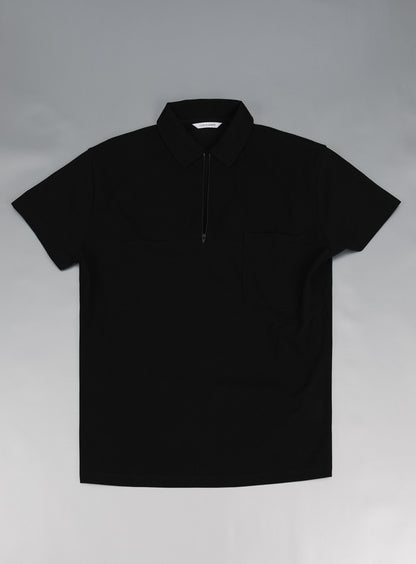 Polo Zippé à Manches Courtes en Piqué de Coton Mercerisé Noir