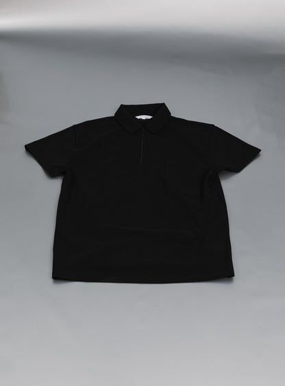 Polo Zippé à Manches Courtes en Piqué de Coton Mercerisé Noir