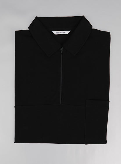 Polo Zippé à Manches Courtes en Piqué de Coton Mercerisé Noir