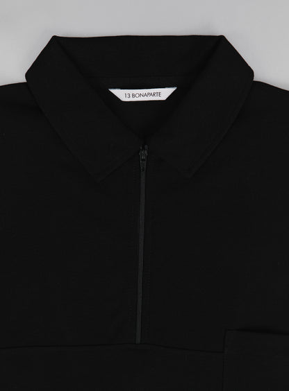 Polo Zippé à Manches Courtes en Piqué de Coton Mercerisé Noir