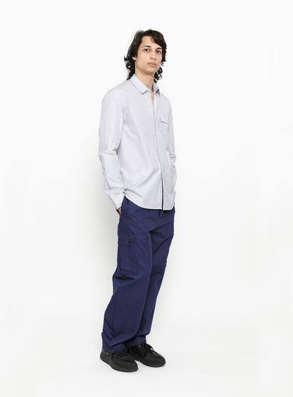 Chemise à Poche Poitrine en Popeline Gris Clair à Fines Rayures Bleues