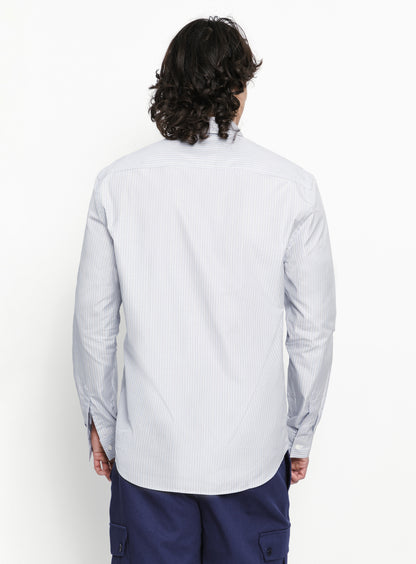 Chemise à Poche Poitrine en Popeline Gris Clair à Fines Rayures Bleues