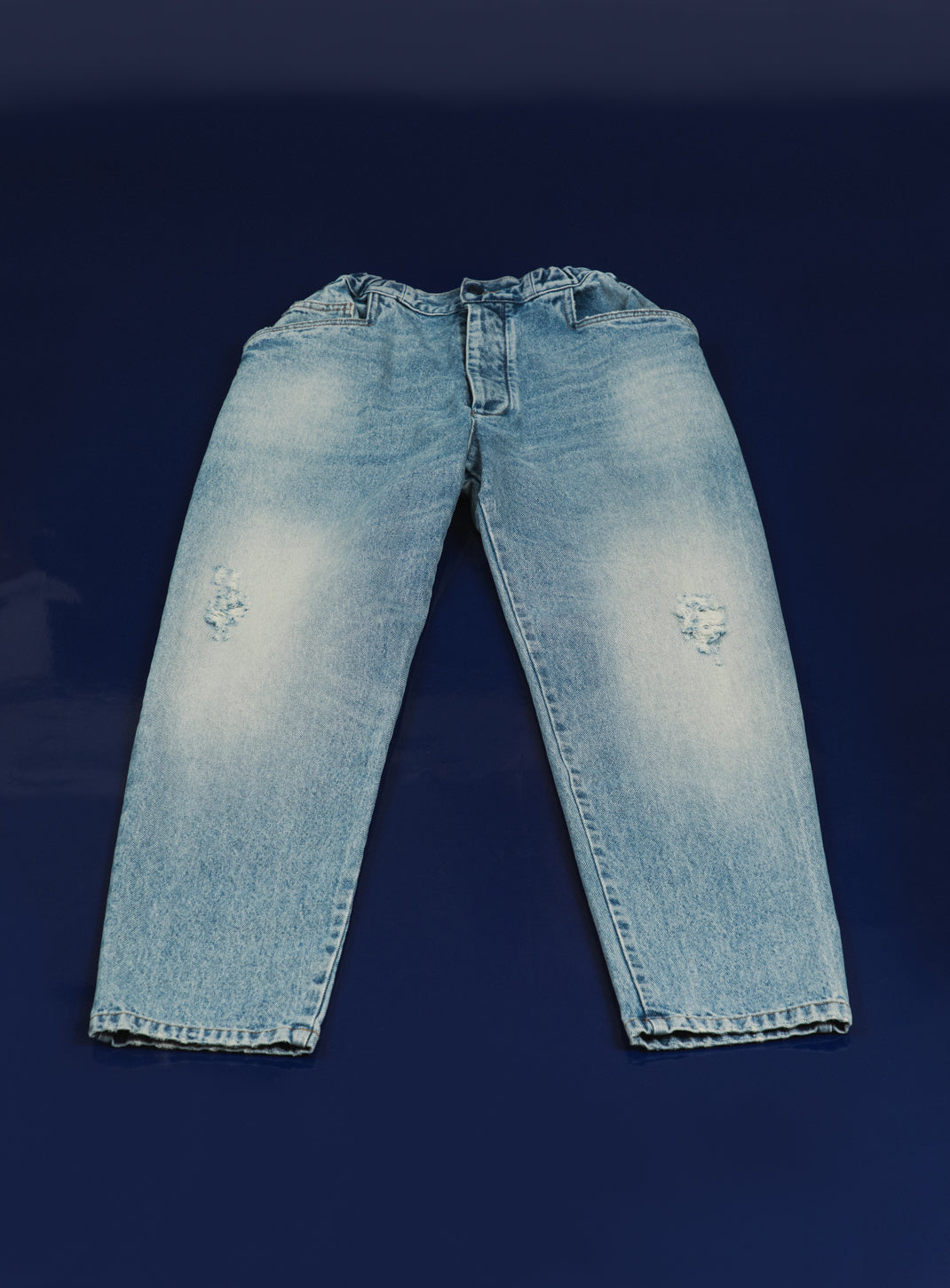 Pantalon 5 Poches à Taille Elastiquée en Denim Bleu Used