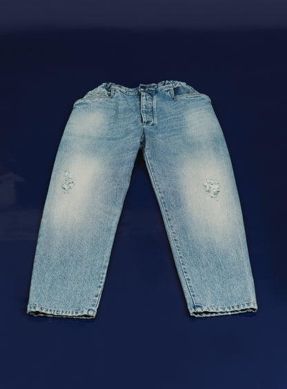 Pantalon 5 Poches à Taille Elastiquée en Denim Bleu Used