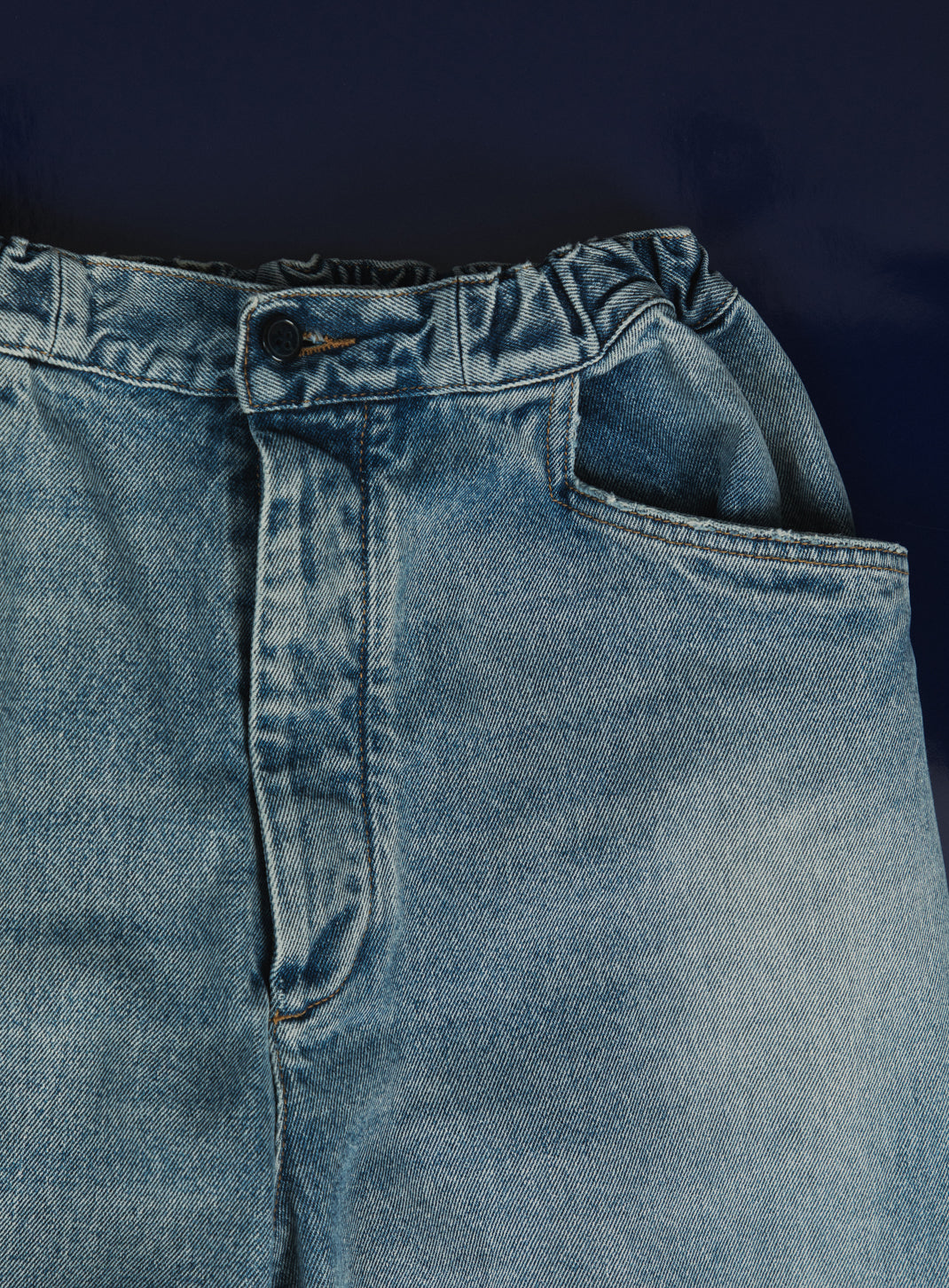 Pantalon 5 Poches à Taille Elastiquée en Denim Bleu Used