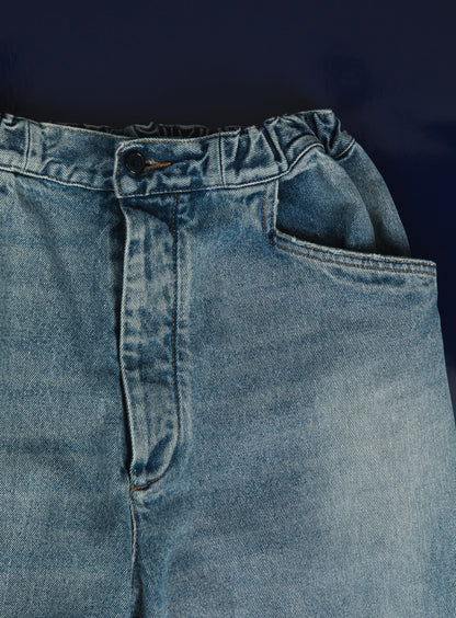 Pantalon 5 Poches à Taille Elastiquée en Denim Bleu Used