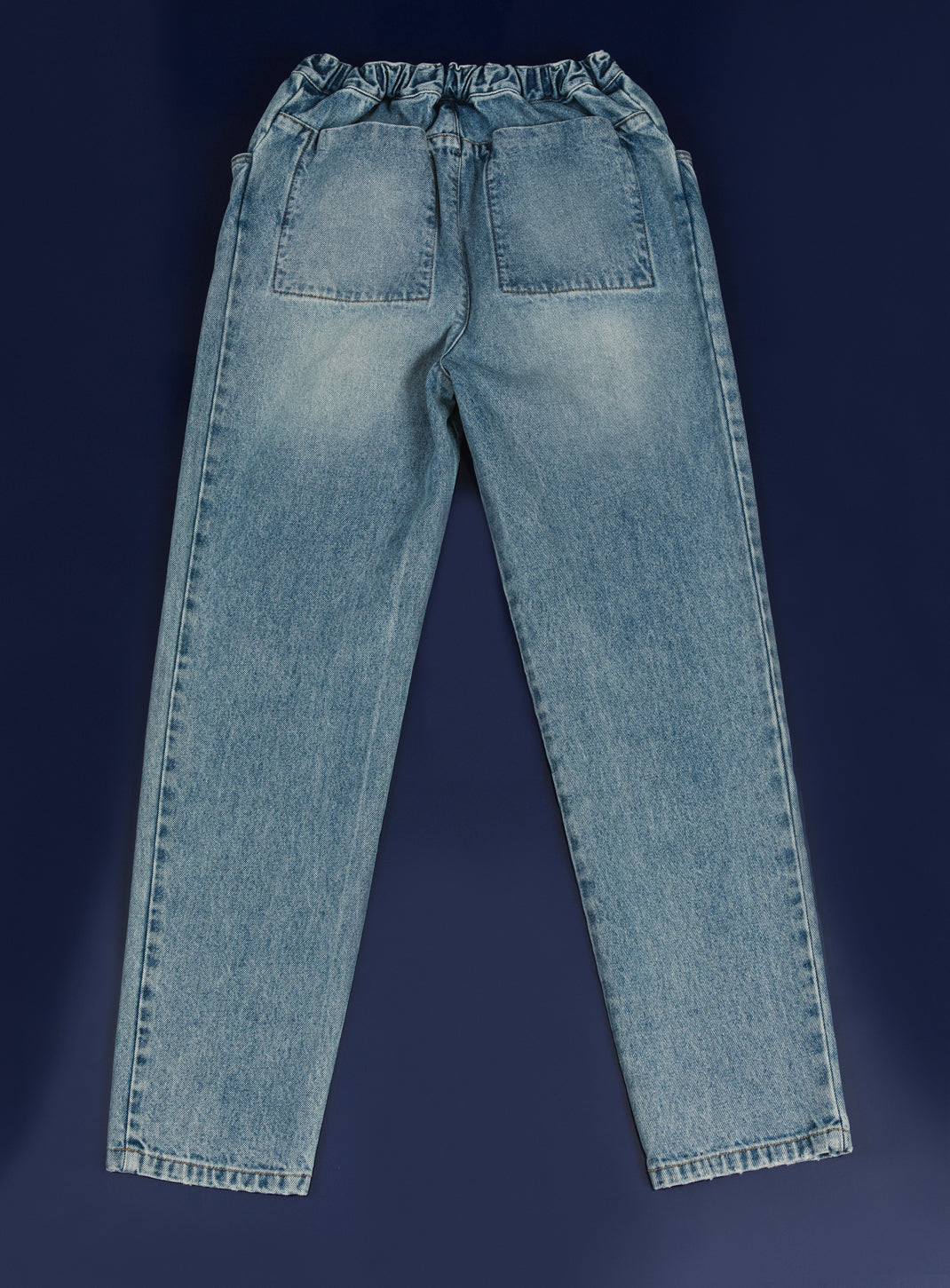 Pantalon 5 Poches à Taille Elastiquée en Denim Bleu Used